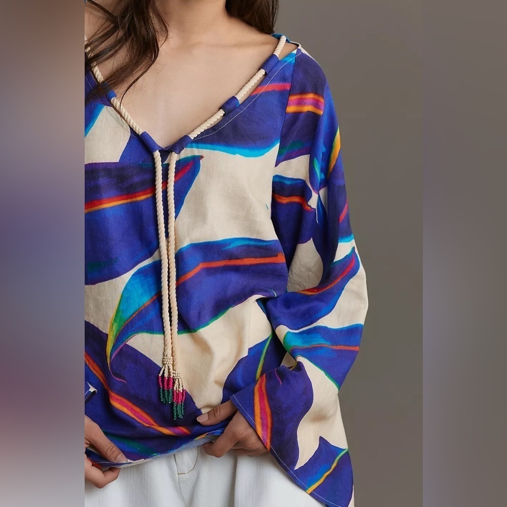 Farm Rio Long-Sleeve Rope-Tie Blouse 💙 - Picture 4 of 8